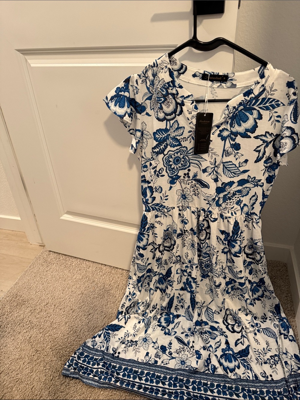 Amazon White and Blue Floral Midi Dress with Short Sleeves